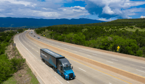 Torc self-driving truck on highway in New Mexico.