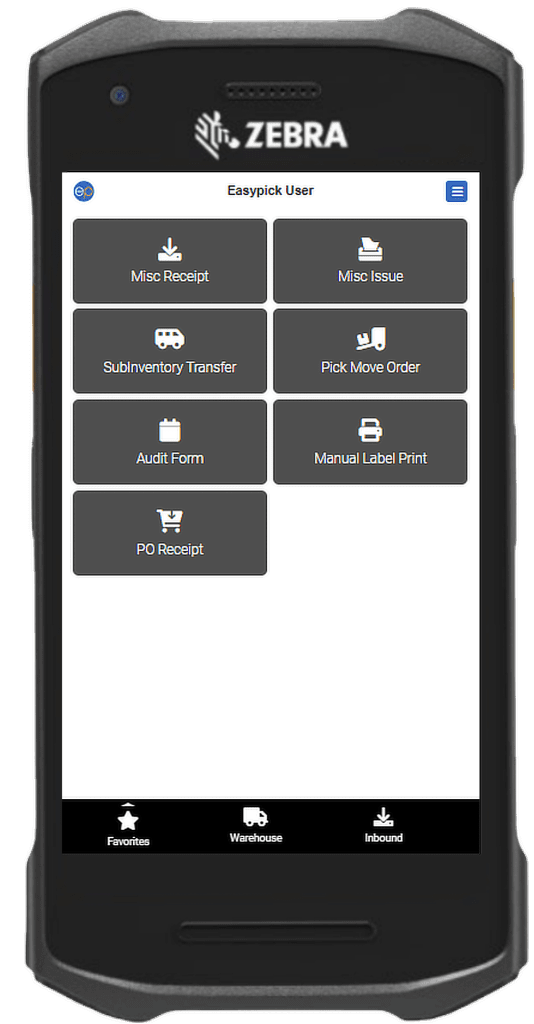 Zebra log-in screen for EasyPick User