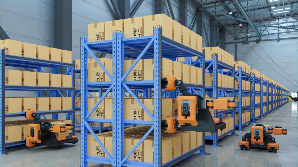 3-D rendering of AGV robots working in warehouse.